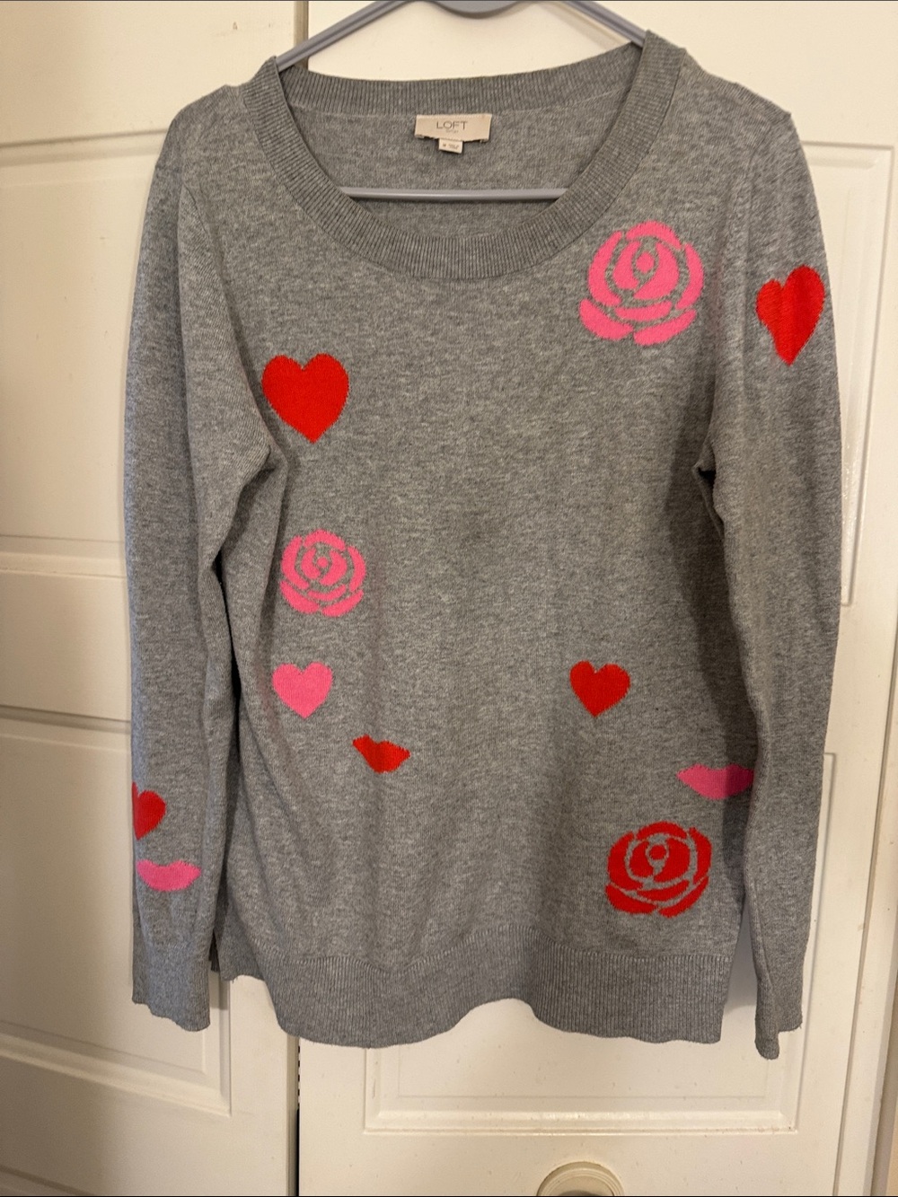 LOFT Gray Crewneck Sweater with Pink Roses & Red Hearts